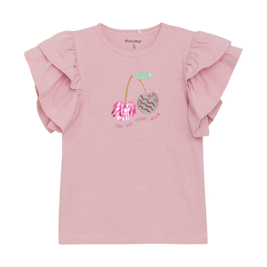 Minymo "T-Shirt mit Rüschenärmel und Kirschen - Bleached Mauve