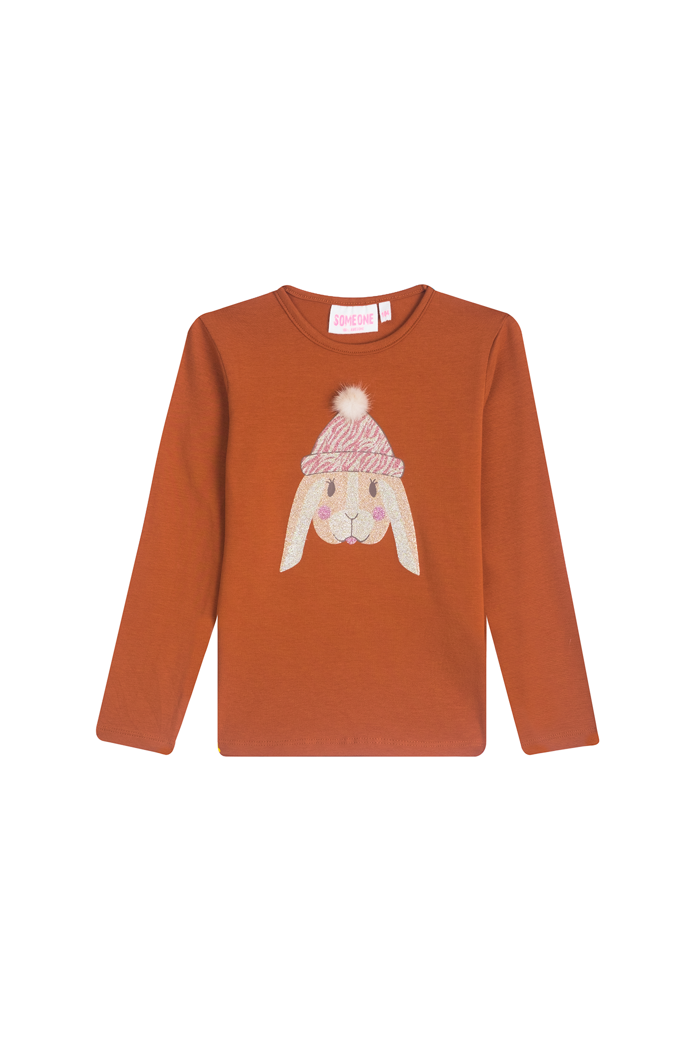 Someone "T-Shirt langarm" mit Gliterdruck und Puschel - Cognac