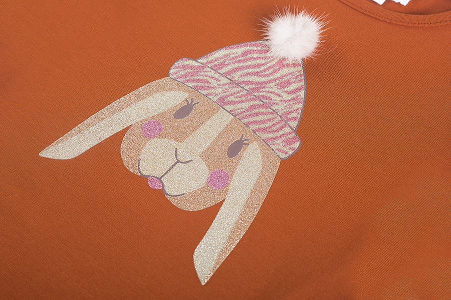 Someone "T-Shirt langarm" mit Gliterdruck und Puschel - Cognac
