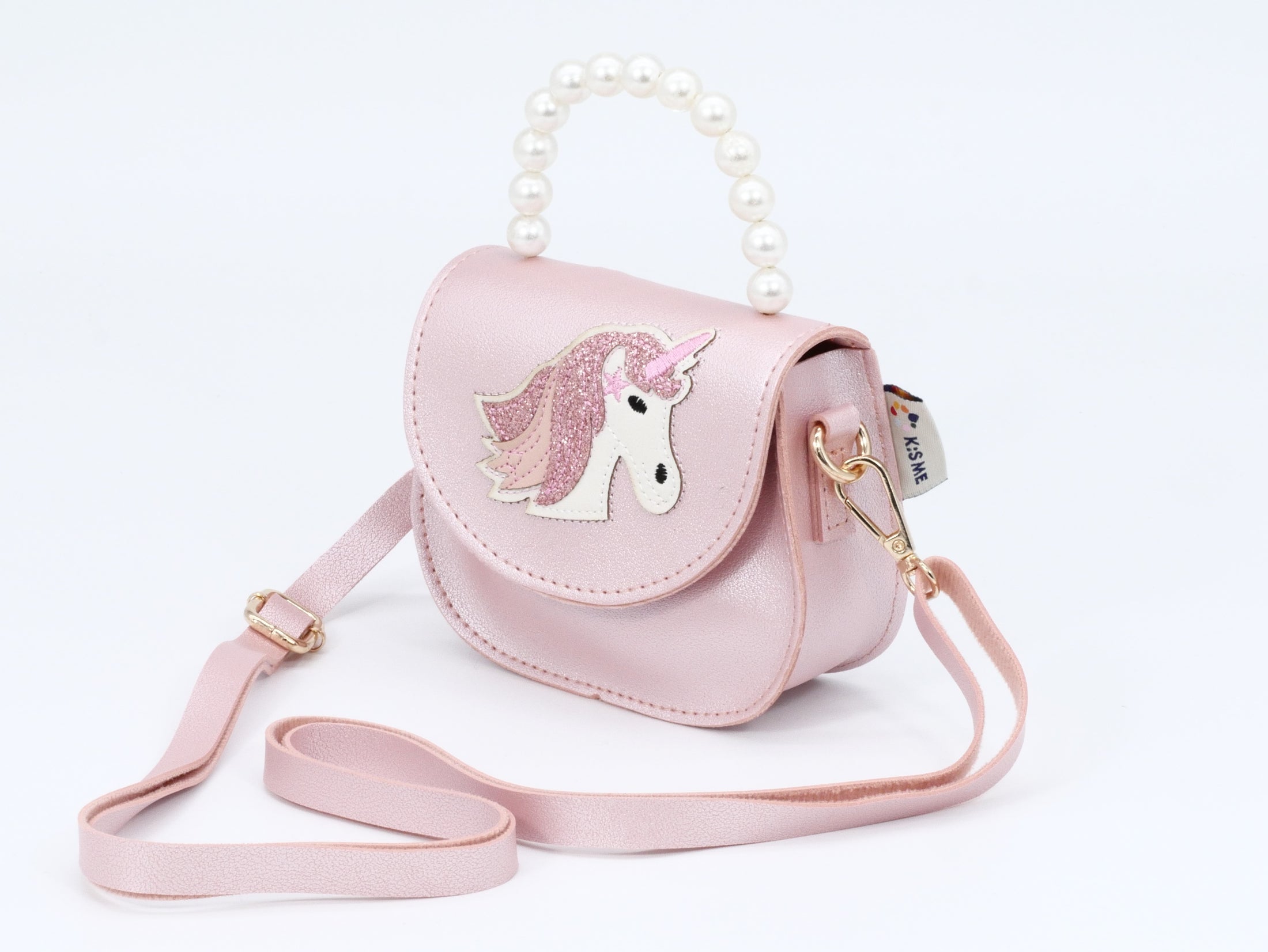 KisMe Umhängetasche mit Perlenbügel und Einhorn - Rosa Metallic