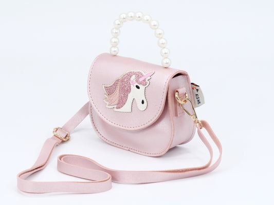 KisMe Umhängetasche mit Perlenbügel und Einhorn - Rosa Metallic