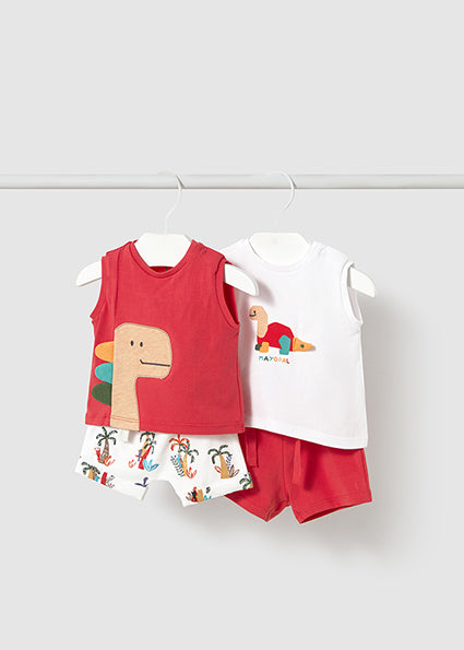 Mayoral "Set 4-teilig" ärmellos - Rot/Weiss mit Dinos bedruckt