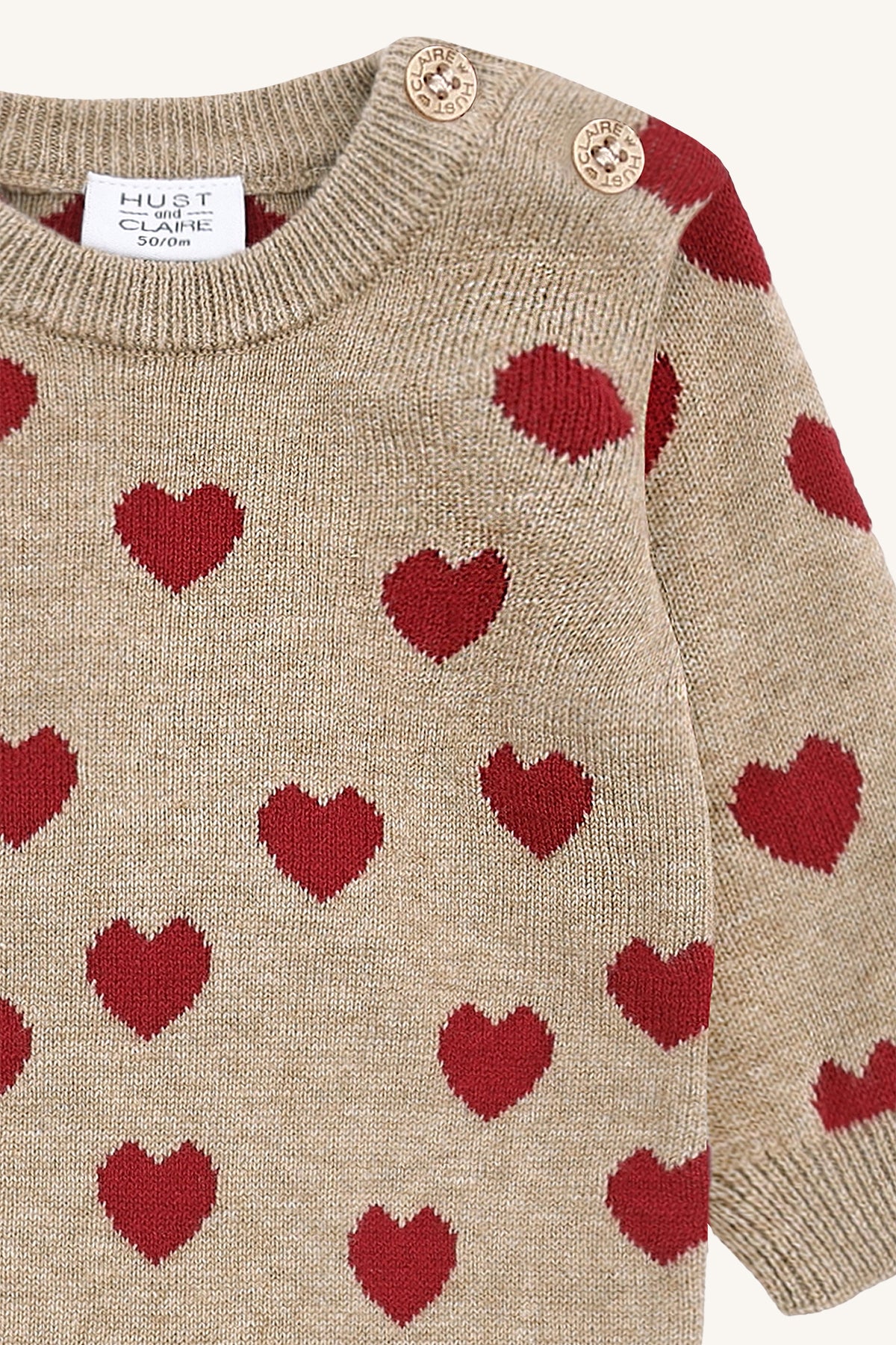 Hust & Claire "Strampler aus Strick" mit Herzchen - Biscuit