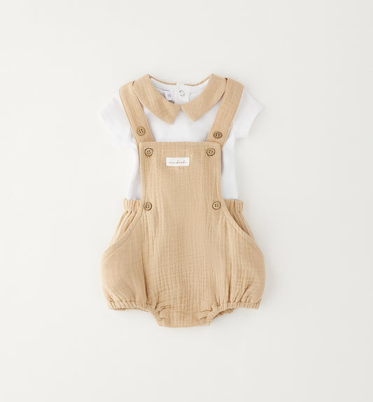 Minibanda Set, Body und Latzshorts - Weiß/Beige