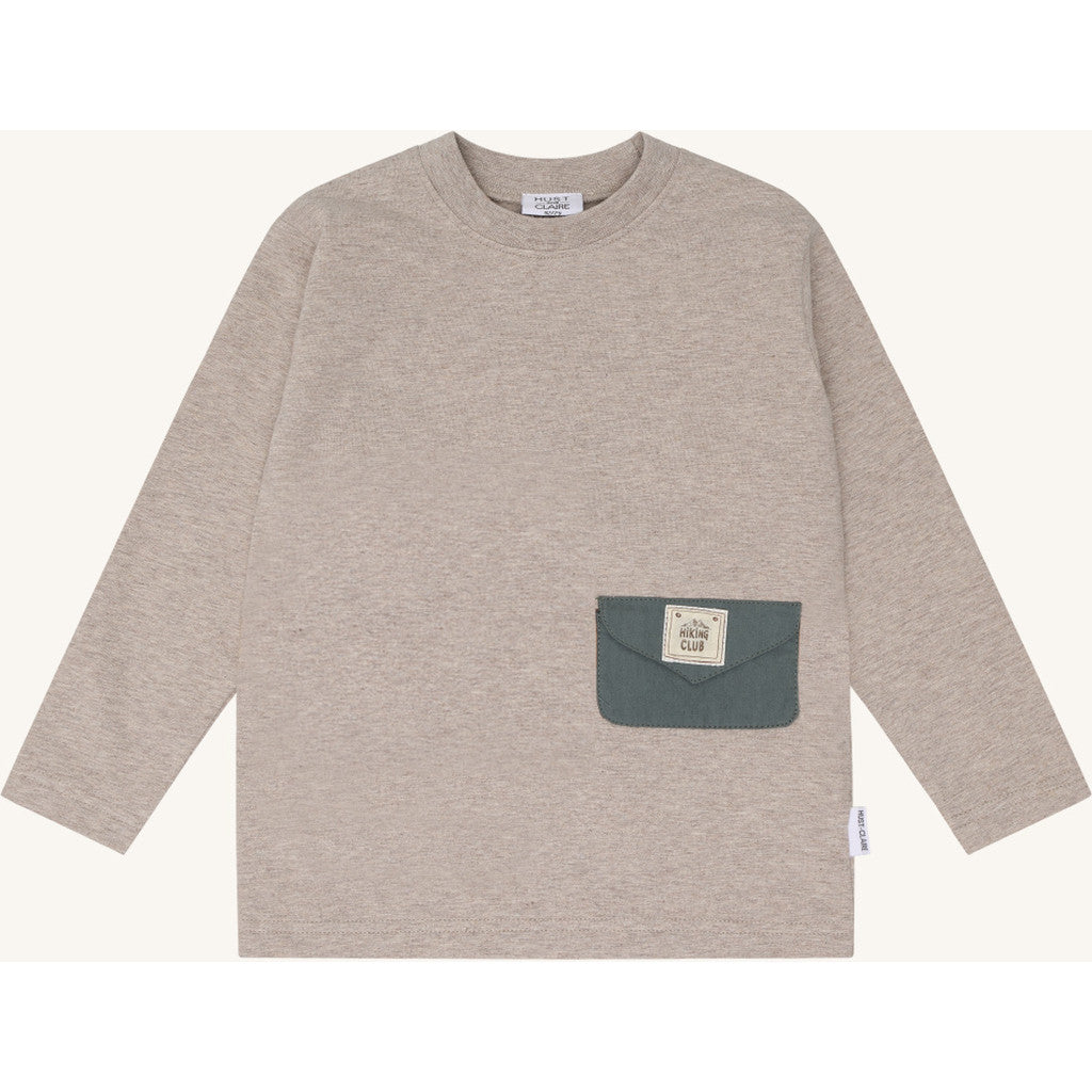 Hust & Claire T-Shirt langarm mit kleiner Tasche und Rückendruck - Beige Melange