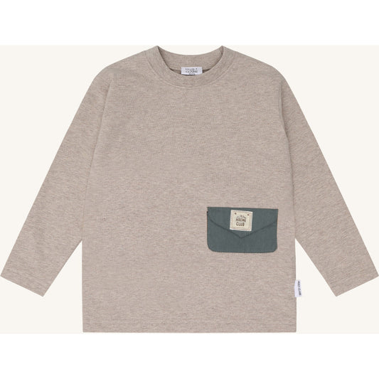 Hust & Claire T-Shirt langarm mit kleiner Tasche und Rückendruck - Beige Melange