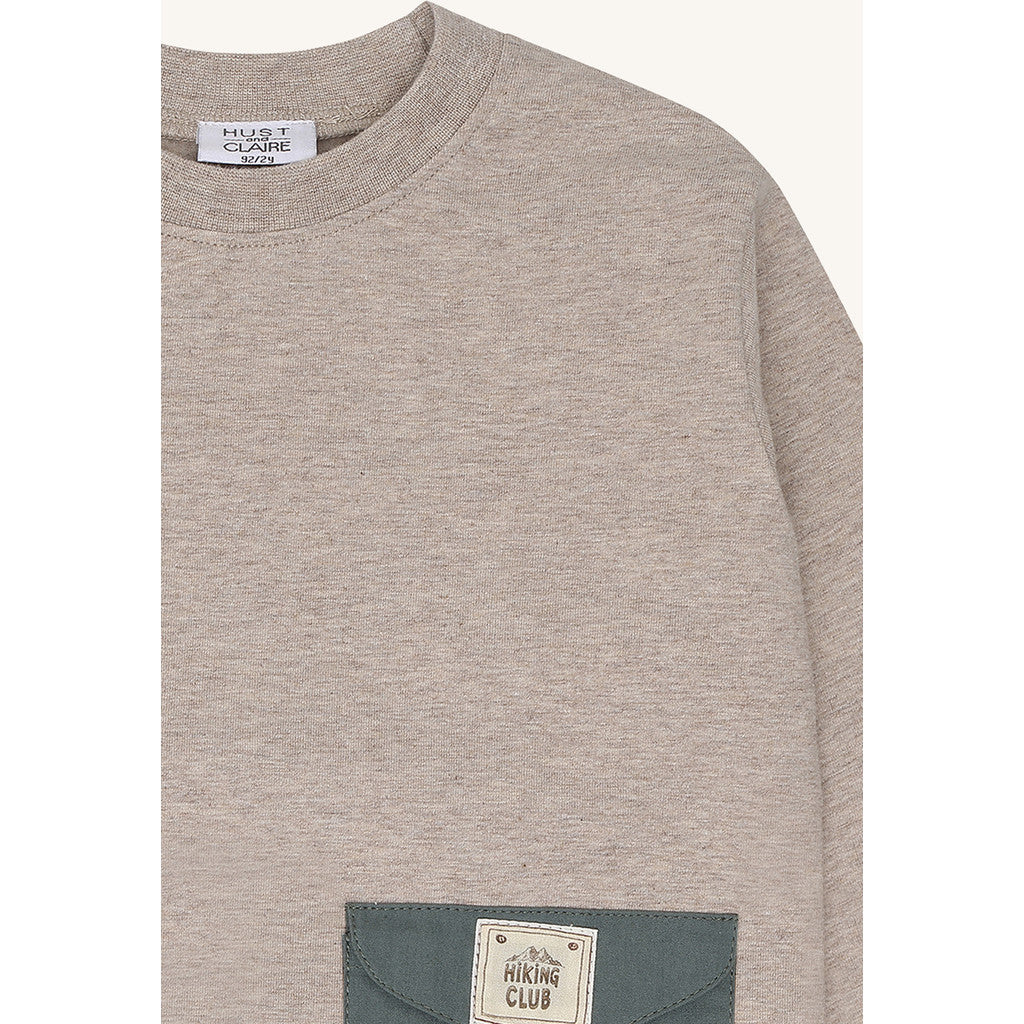 Hust & Claire T-Shirt langarm mit kleiner Tasche und Rückendruck - Beige Melange