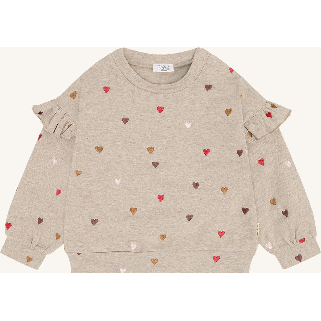 Hust & Claire Sweatshirt mit Rüsche und Herzchen Stickerei - Biscuit
