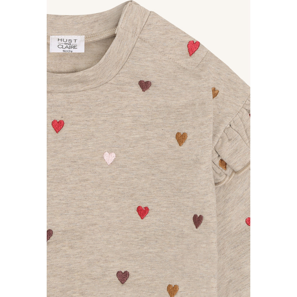 Hust & Claire Sweatshirt mit Rüsche und Herzchen Stickerei - Biscuit