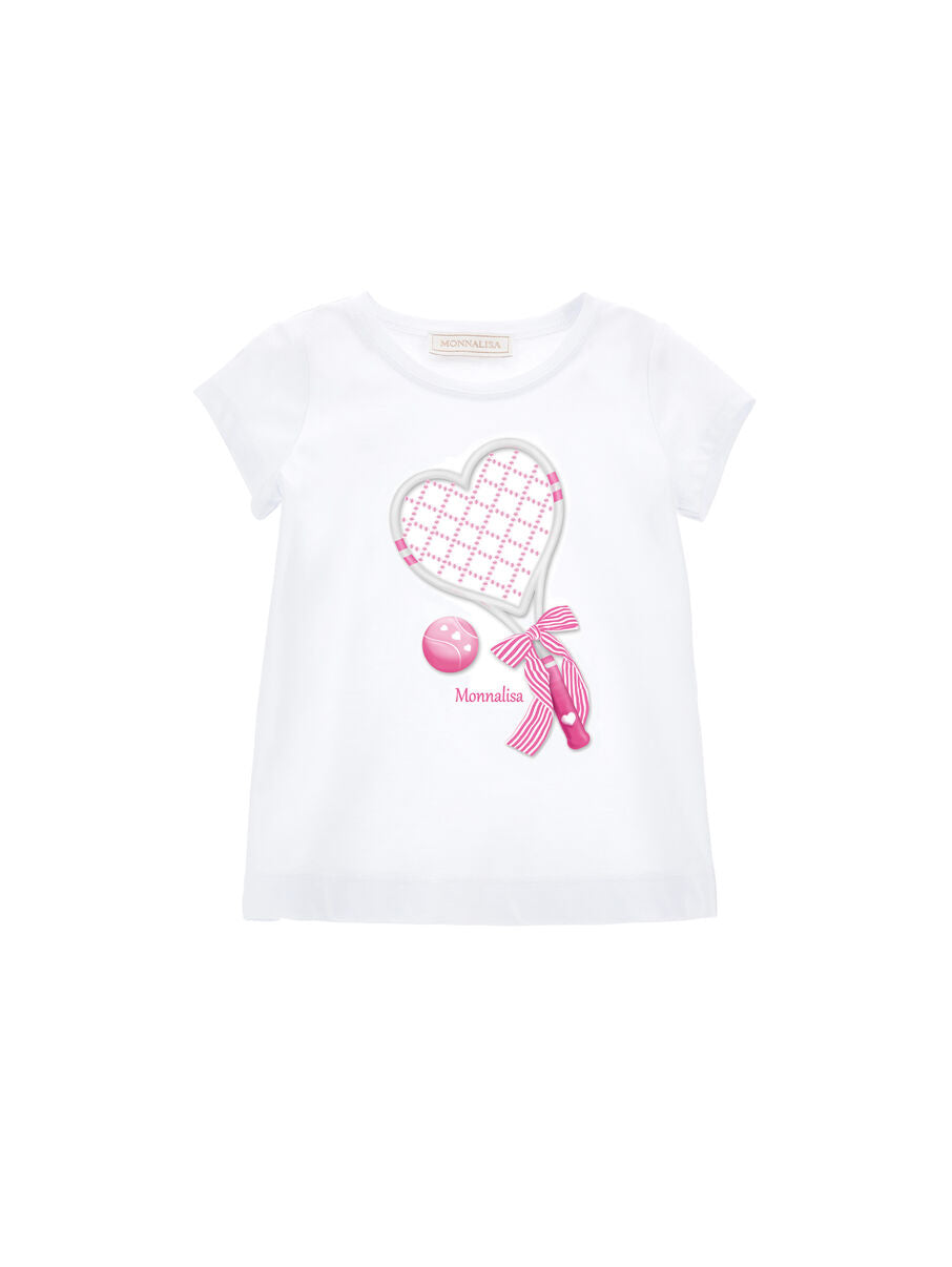 Monnalisa T-Shirt im Tennis-Style mit Glitzer - Bianco+Ciliegia Weiß/Pink