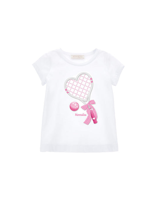 Monnalisa T-Shirt im Tennis-Style mit Glitzer - Bianco+Ciliegia Weiß/Pink