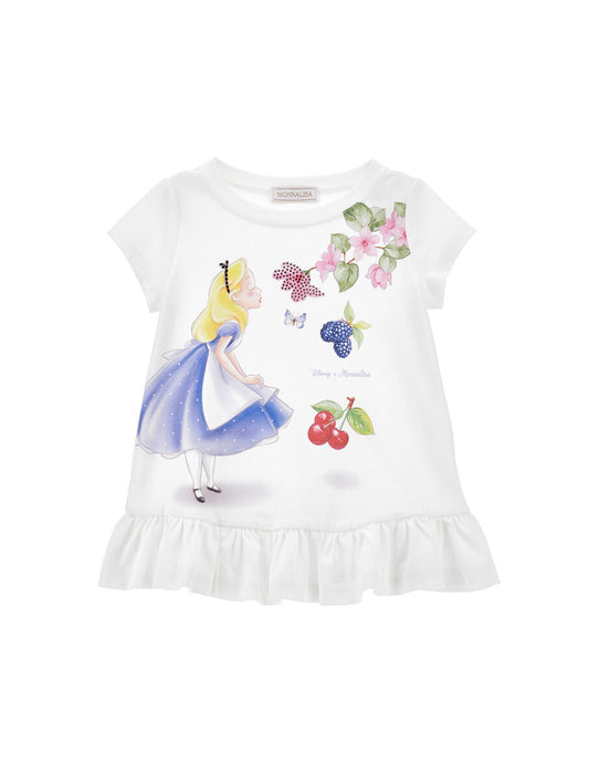 Monnalisa T-Shirt (ausgestellt) mit Alice und Glitzersteinchen - Bianco Weiss