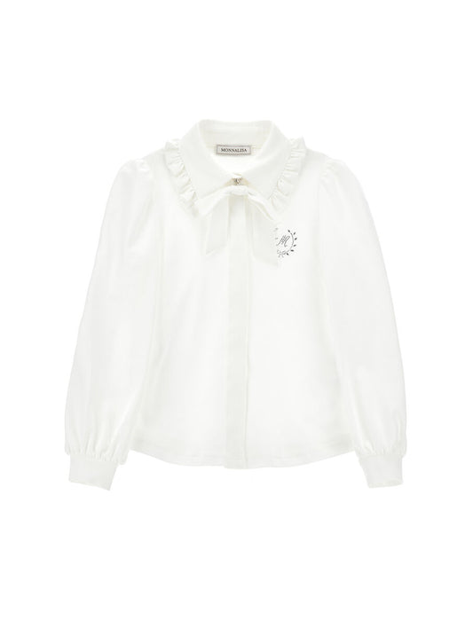 Monnalisa "Bluse langarm" mit Rüsche und abnehmbarer Schleife - weiss