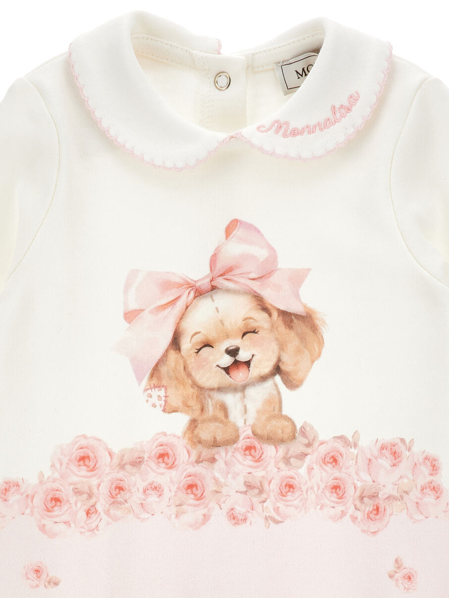 Monnalisa "Strampler langarm" mit Hund und Schleifchen - Creme/Rosa