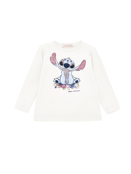 Monnalisa "Langarmshirt" Stitch mit Strasssteinen - Weiss