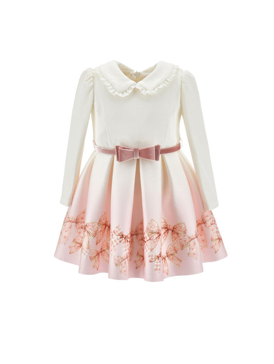 Monnalisa "Kleid langarm" mit Schleifen - Creme/Rosa