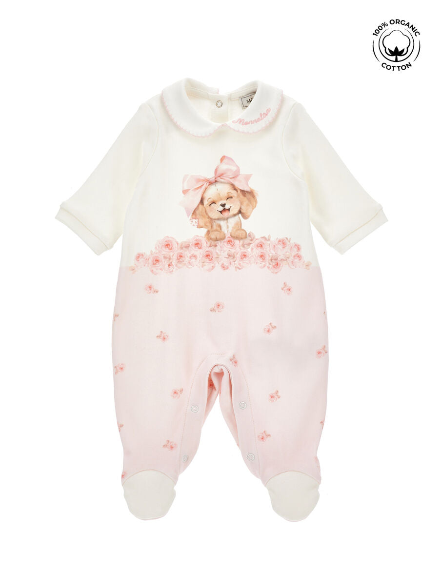 Monnalisa "Strampler langarm" mit Hund und Schleifchen - Creme/Rosa