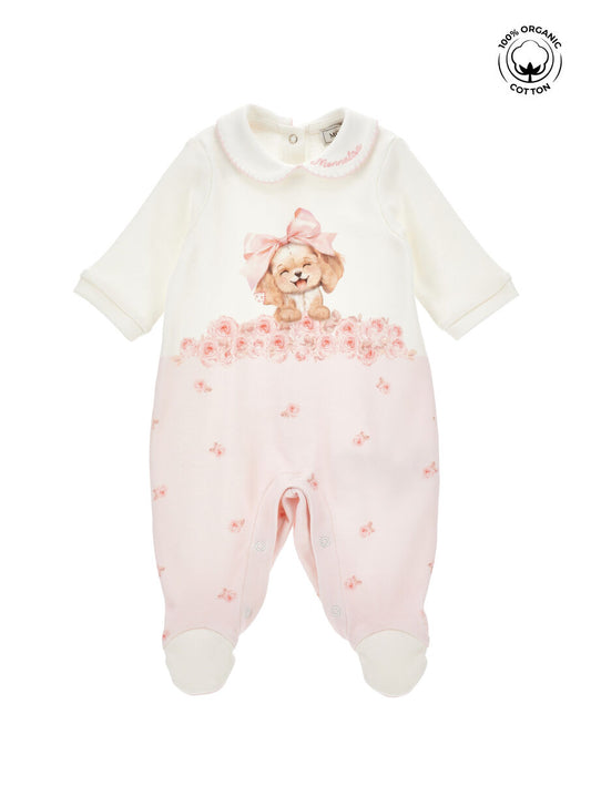 Monnalisa "Strampler langarm" mit Hund und Schleifchen - Creme/Rosa