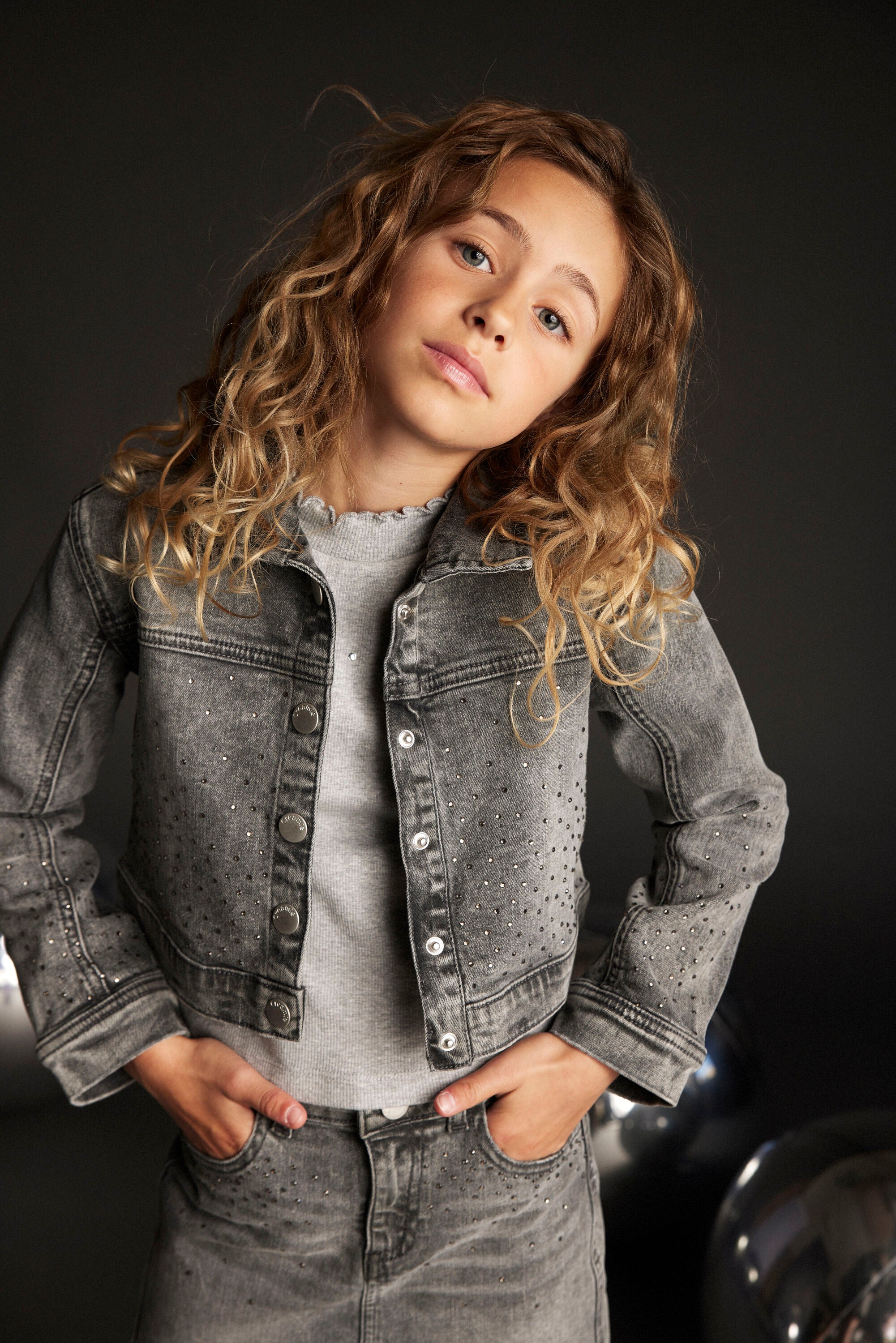 Creamie "T-Shirt langarm Rib mit Glitzer-Steinchen" - Light Grey Melange
