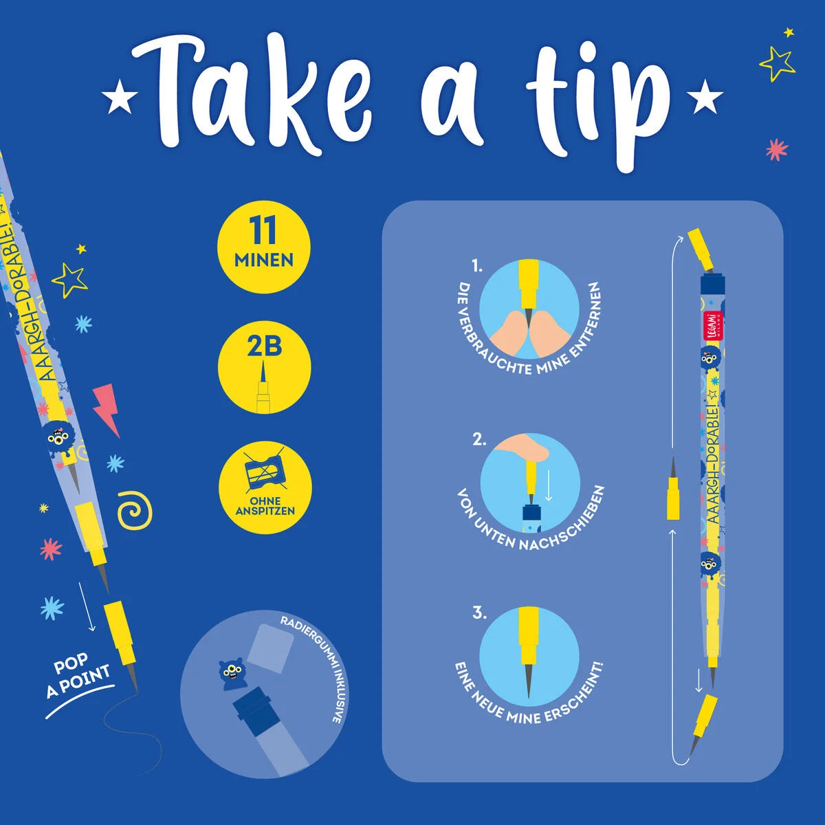 Legami "Stapelbare Bleistifte" mit Radiergummi Monster - Take a Tip