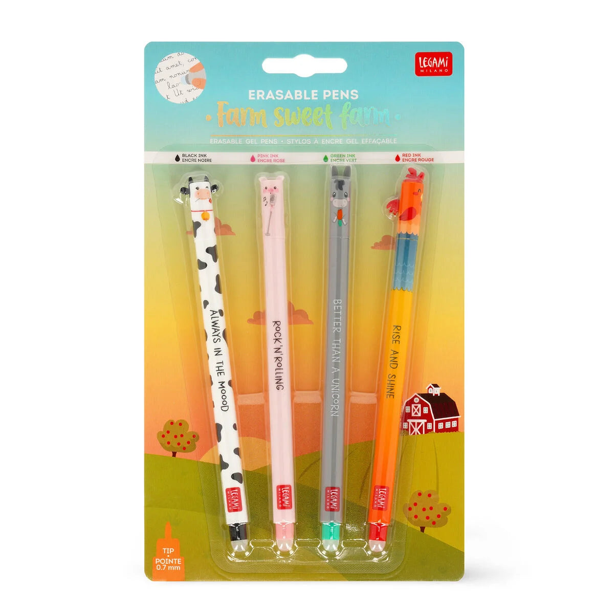 Legami Set mit 4 löschbaren Gelstiften „Farm Sweet Farm“ - Erasable Pen Set
