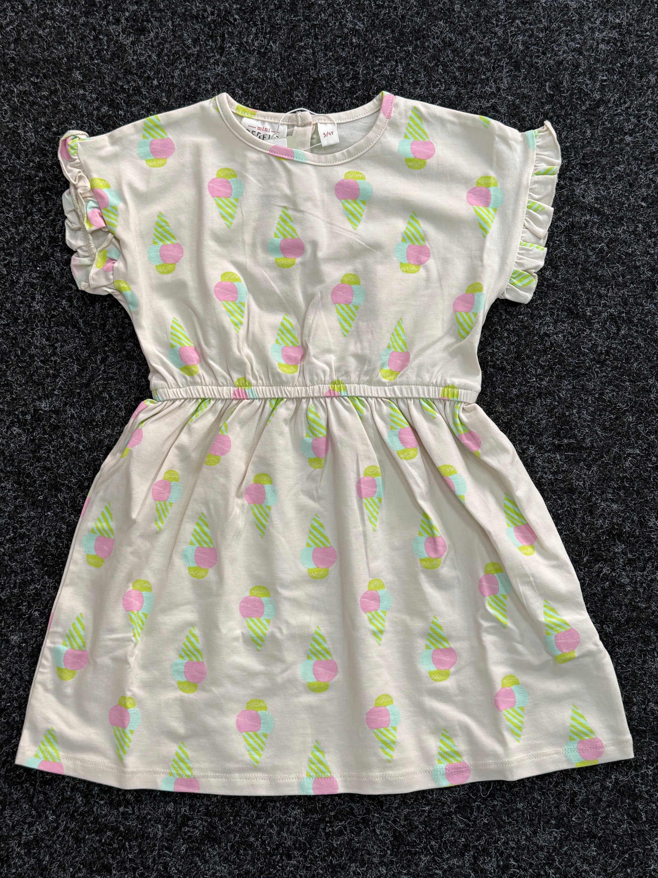 Mini Rebel Kleid mit Eistüten Print, Flügelärmchen und Gummizug - Dark Ecru