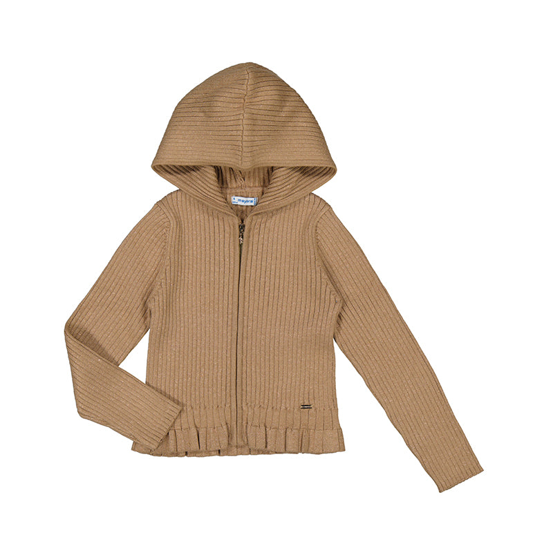 Mayoral "Glitzer Strickjacke" mit Kapuze, Reißverschluss und Volant - Zimt