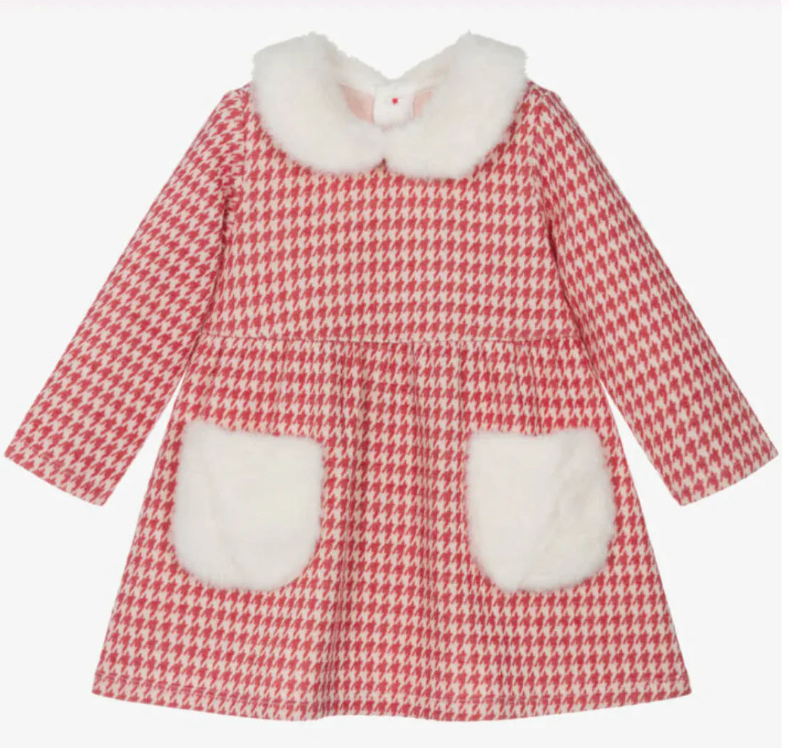 Hatley "Kleid" mit rotem Hahnentrittmuster und  Kunstfellbesatz