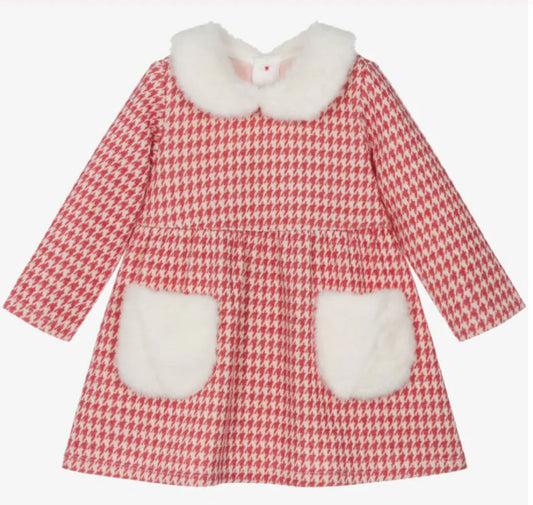 Hatley "Kleid" mit rotem Hahnentrittmuster und  Kunstfellbesatz